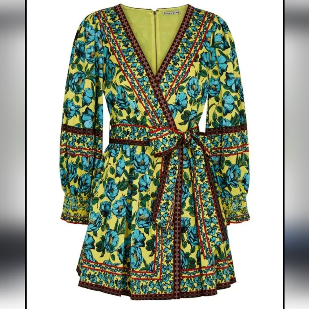 NWT Simona Floral-Print Stretch-Cotton Mini Dress - Yellow Alice + Olivia Size 6